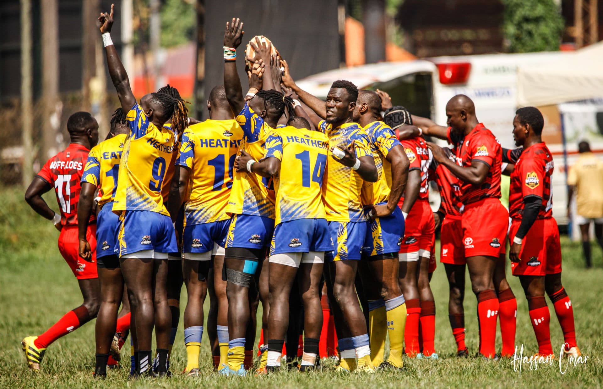 Players contest a rugby lineout at Kyadondo Rugby Club.